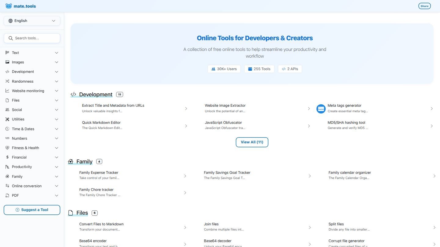 mate.tools API dashboard showing 255+ developer tools including metadata extraction, file processing, and productivity utilities