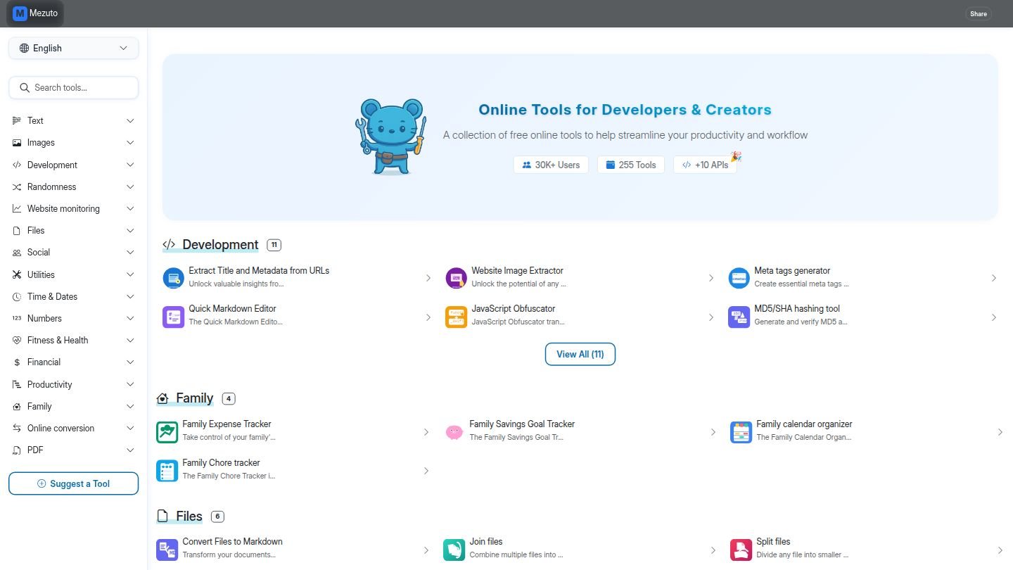 Mezuto API dashboard showing 255+ developer tools